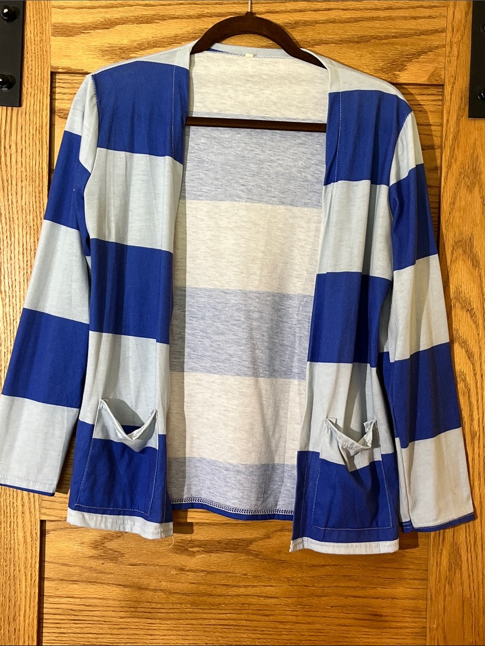 Open-Front Blue and Light Gray Striped Women's Cardigan